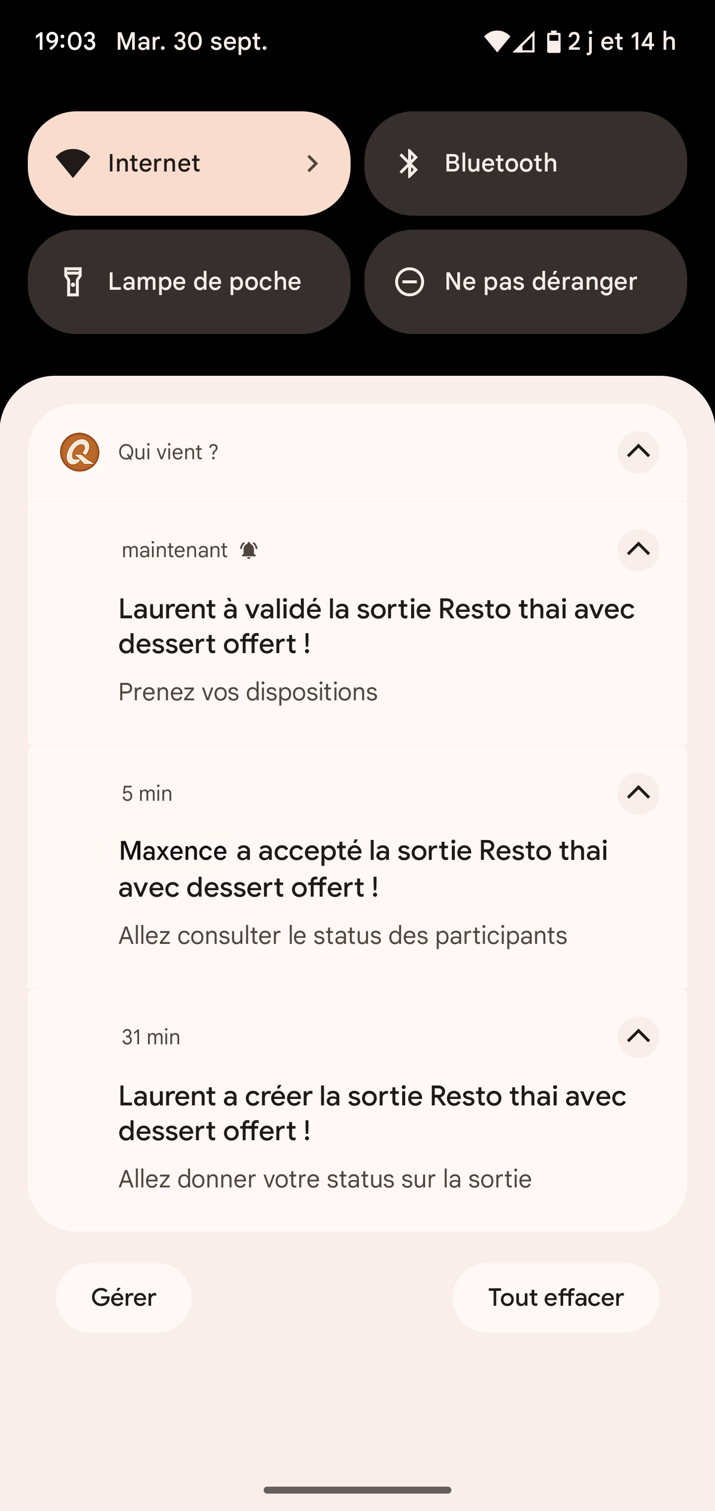 Aperçu des notifications des sorties Toulon Quivient